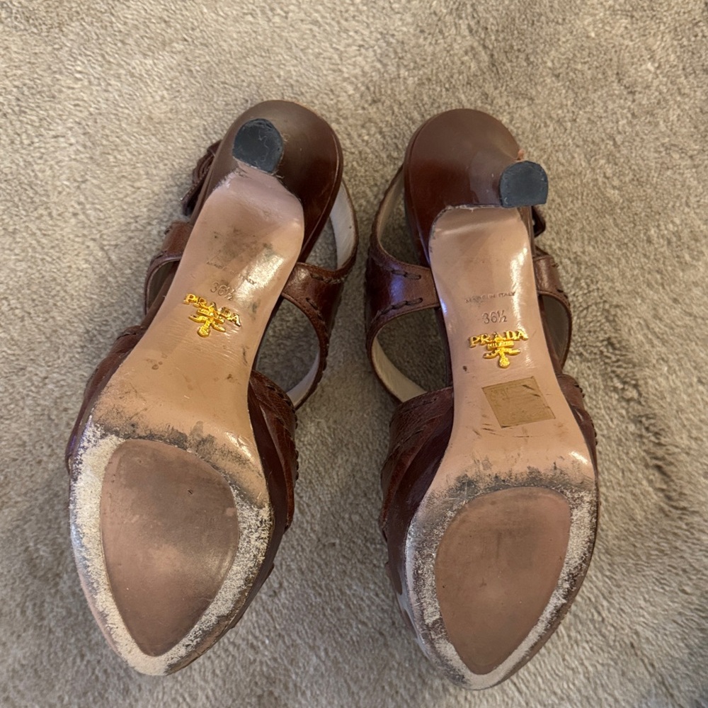 Prada Brown Strappy Leather Heels 36.5 - Picture 10 of 13